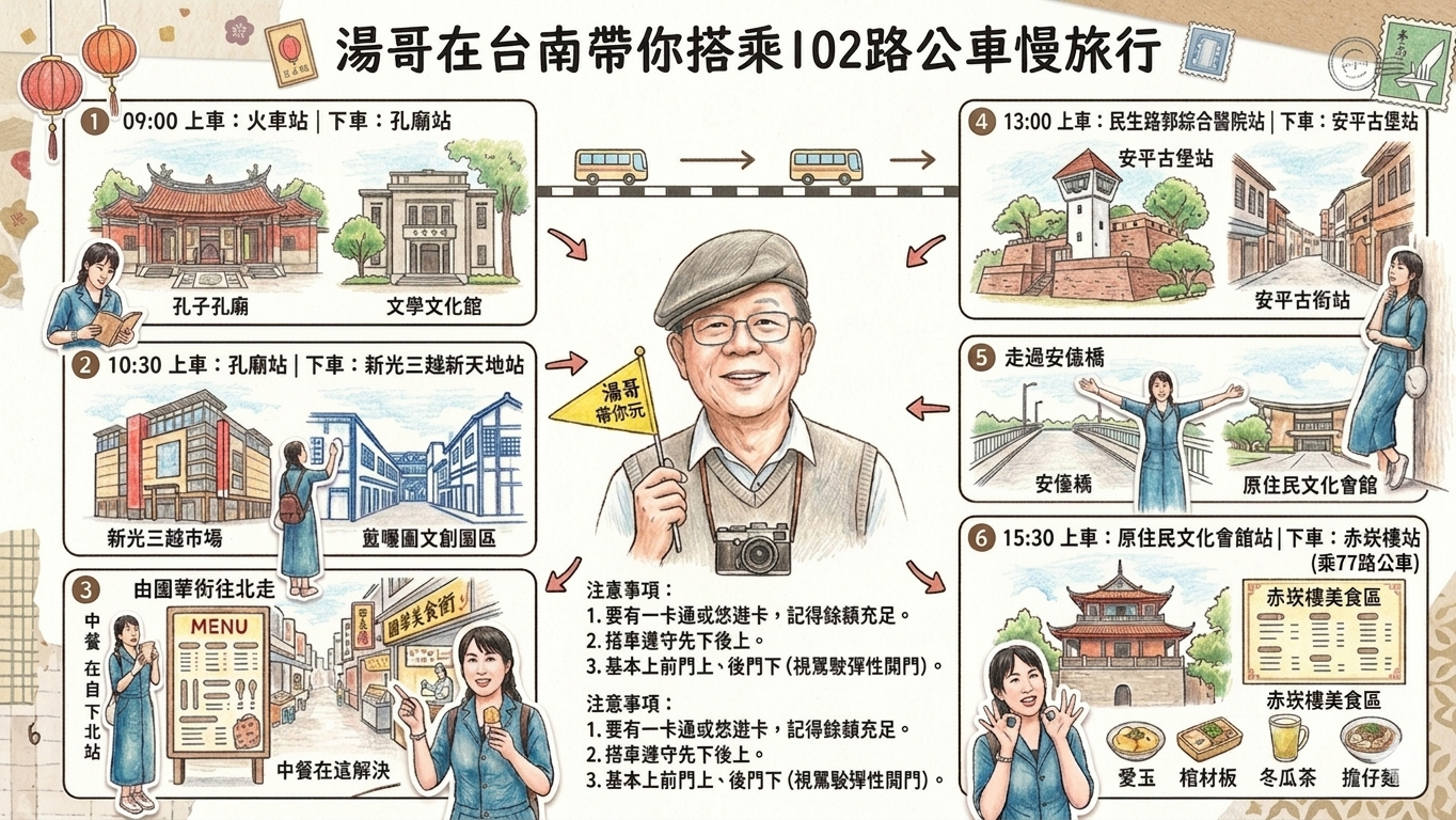 原始報導提供的臺南公車旅遊示意圖；102與77路實際停靠站、班次及轉乘安排，請以臺南市政府即時公告為準。