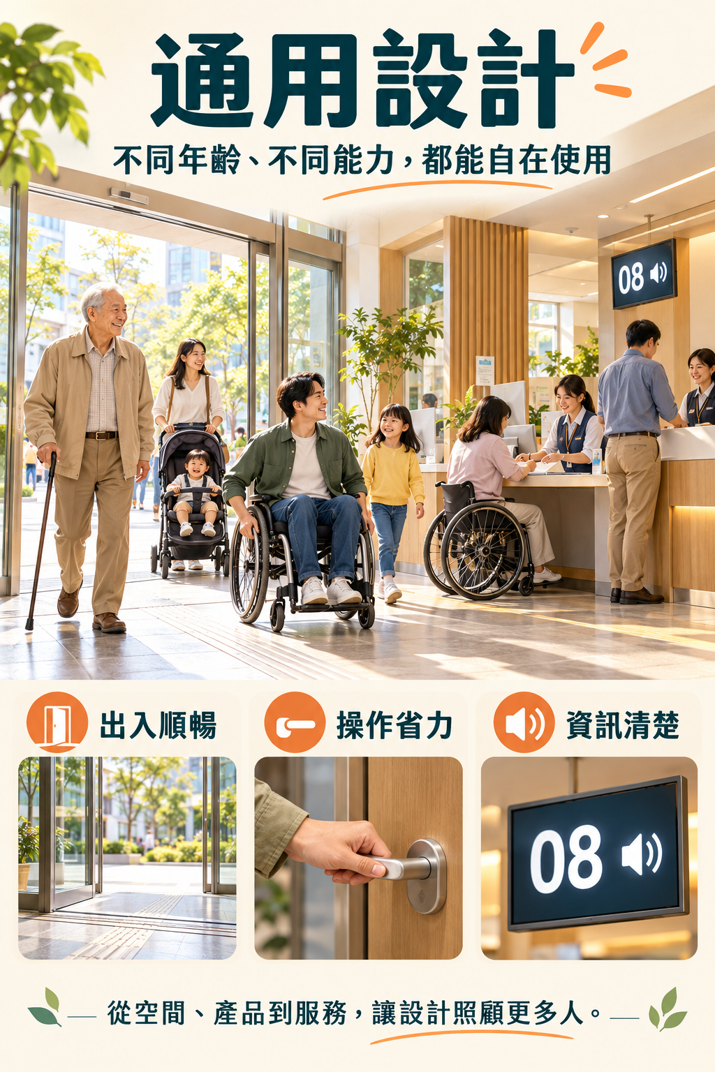 通用設計示意圖，包含長者與輪椅使用者通行、無障礙入口、好操作的門把及清楚的資訊標示